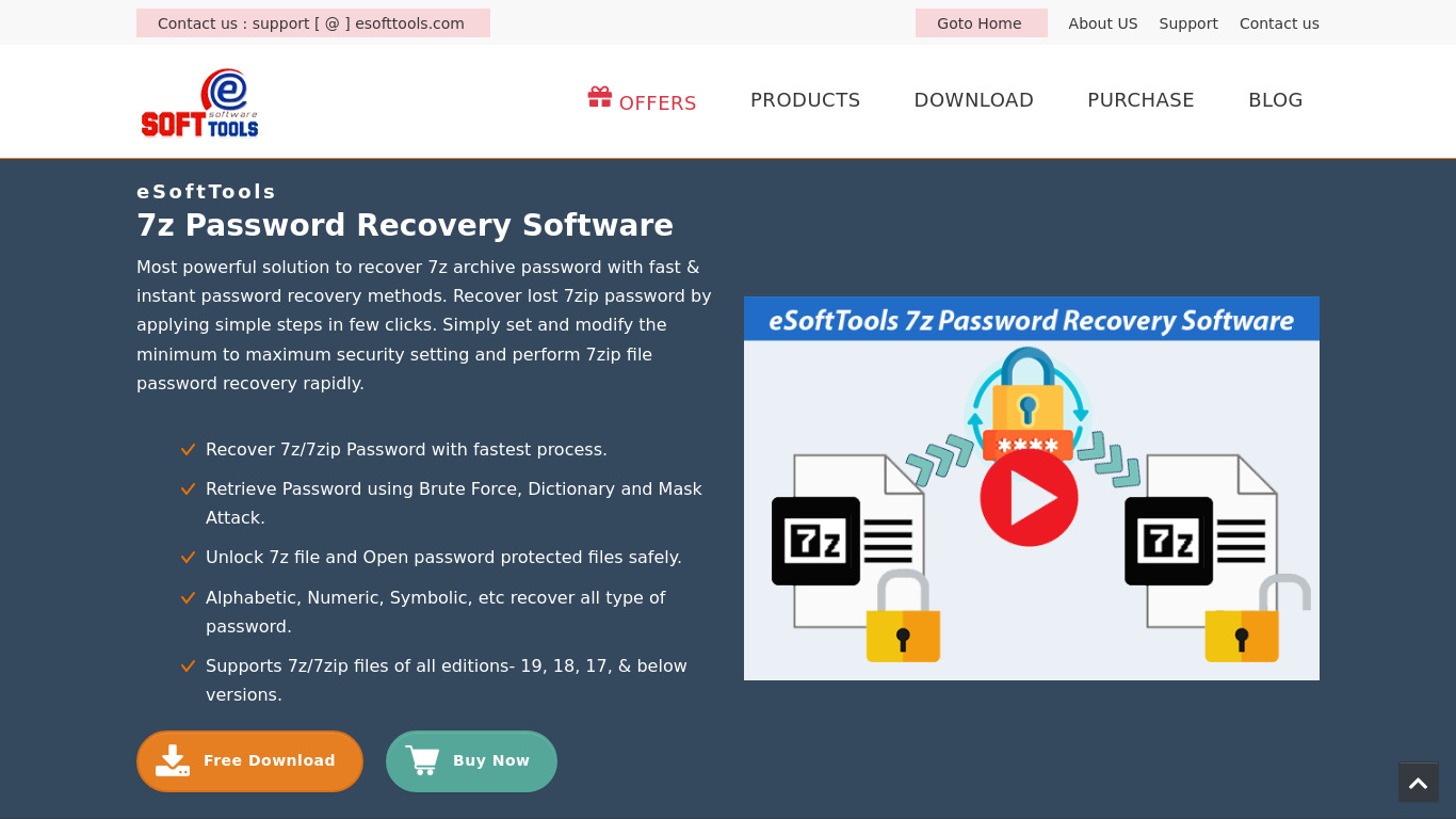 7z Password Recovery by eSoftTools Landing page