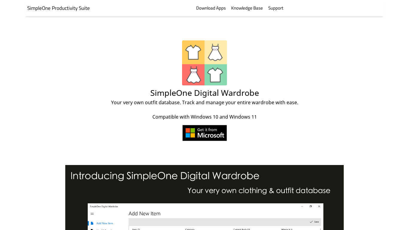 SimpleOne Digital Wardrobe Landing page