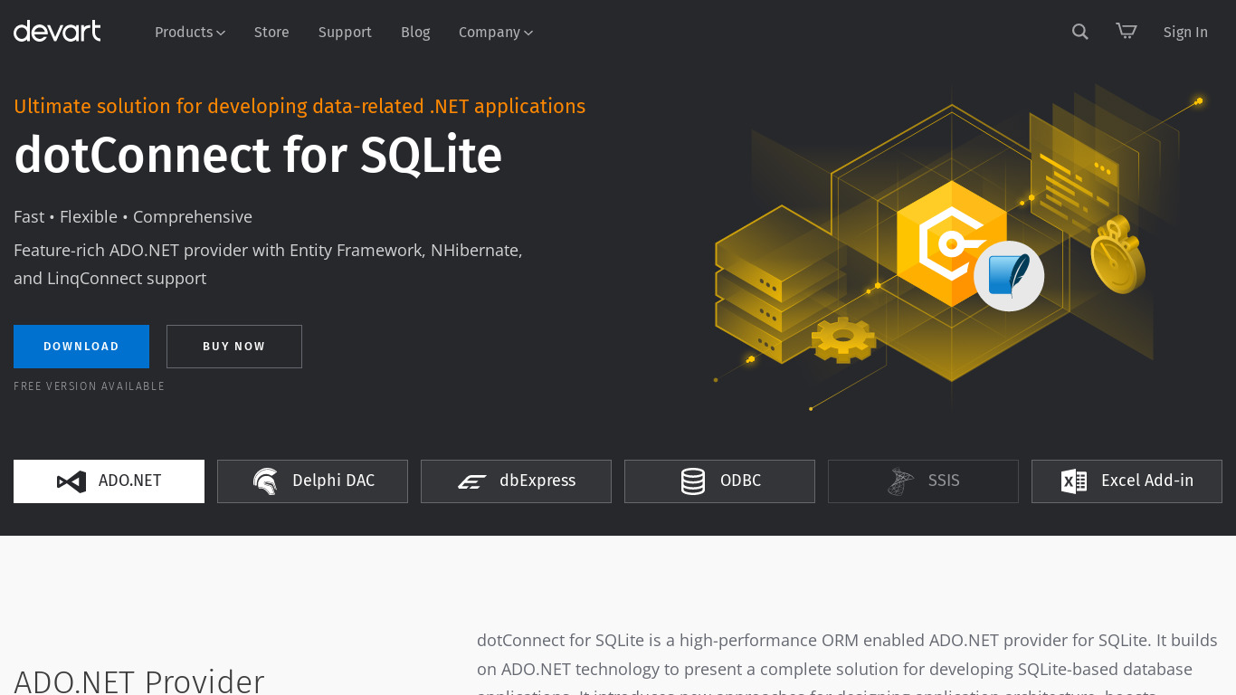 dotConnect for SQLite Landing page