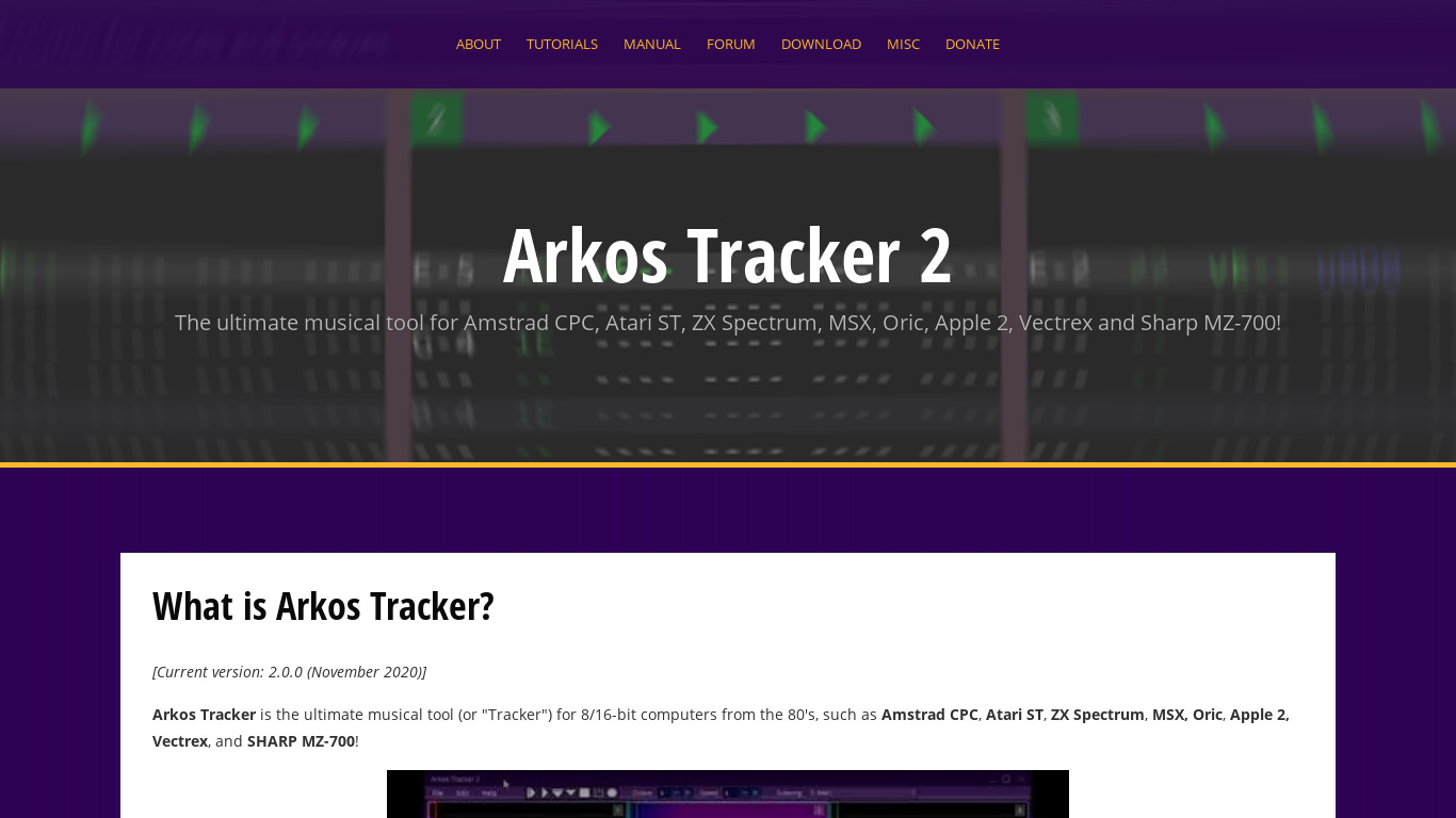 Arkos Tracker 2 Landing page