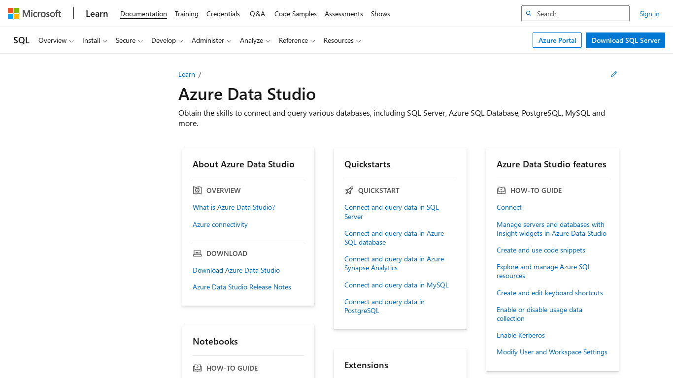 AzureDataStudio Landing page