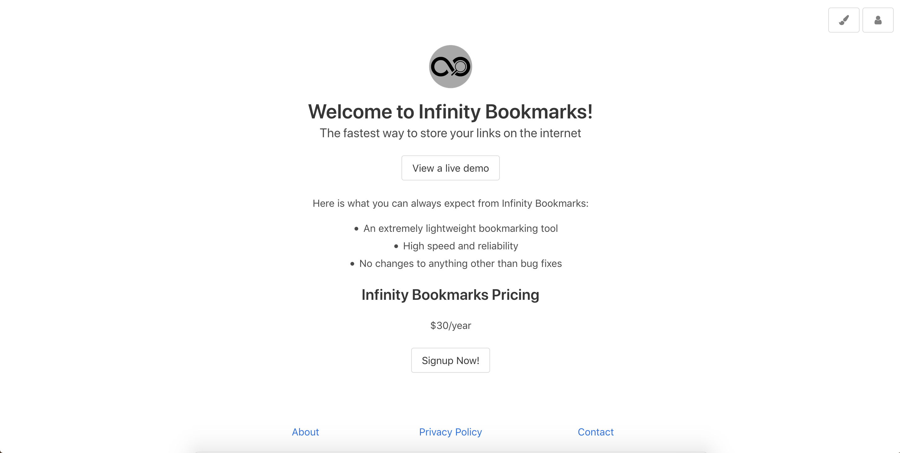 Infinity Bookmarks Landing page