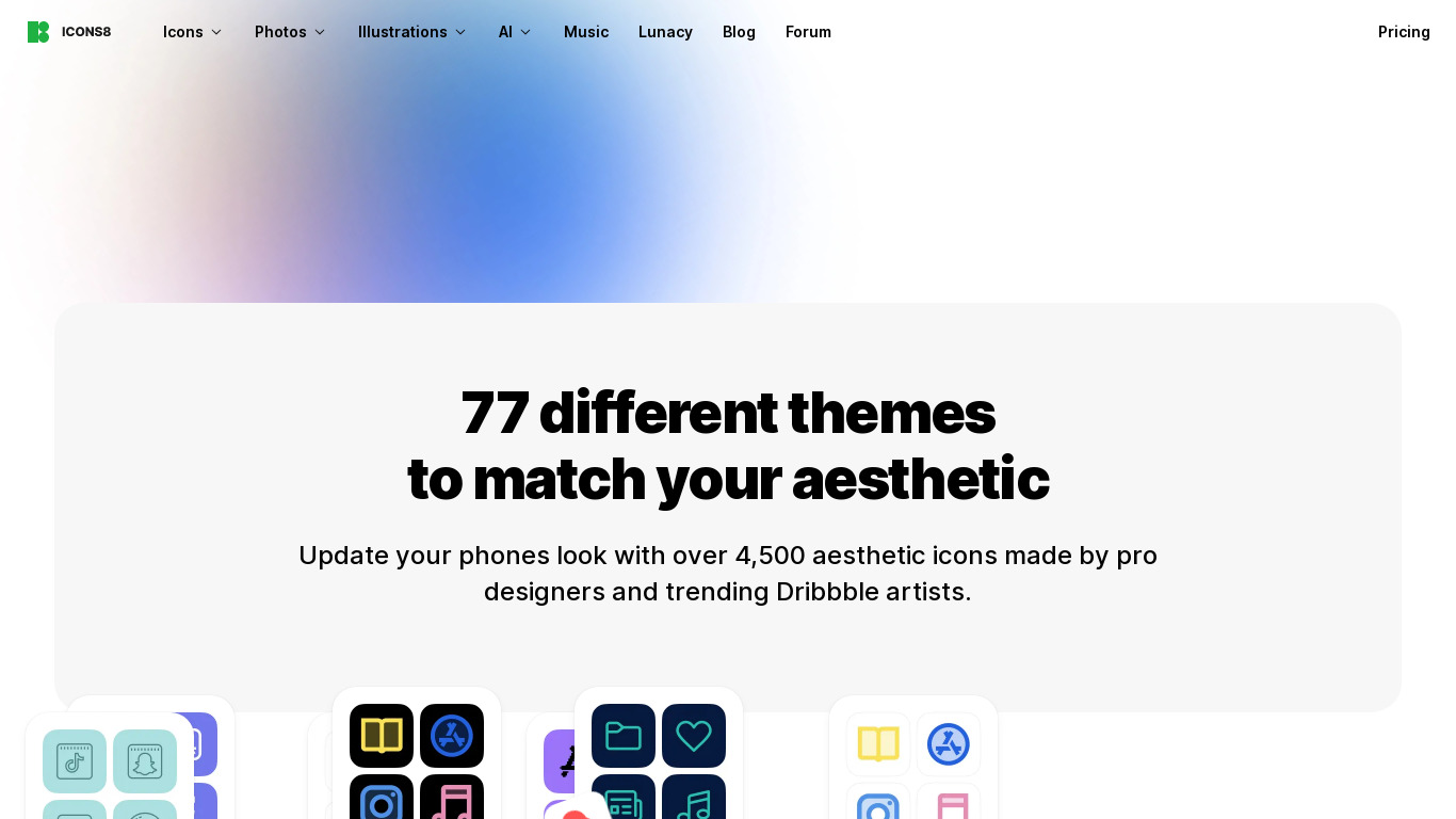 Aesthetic Icons App by Icons8 Landing page