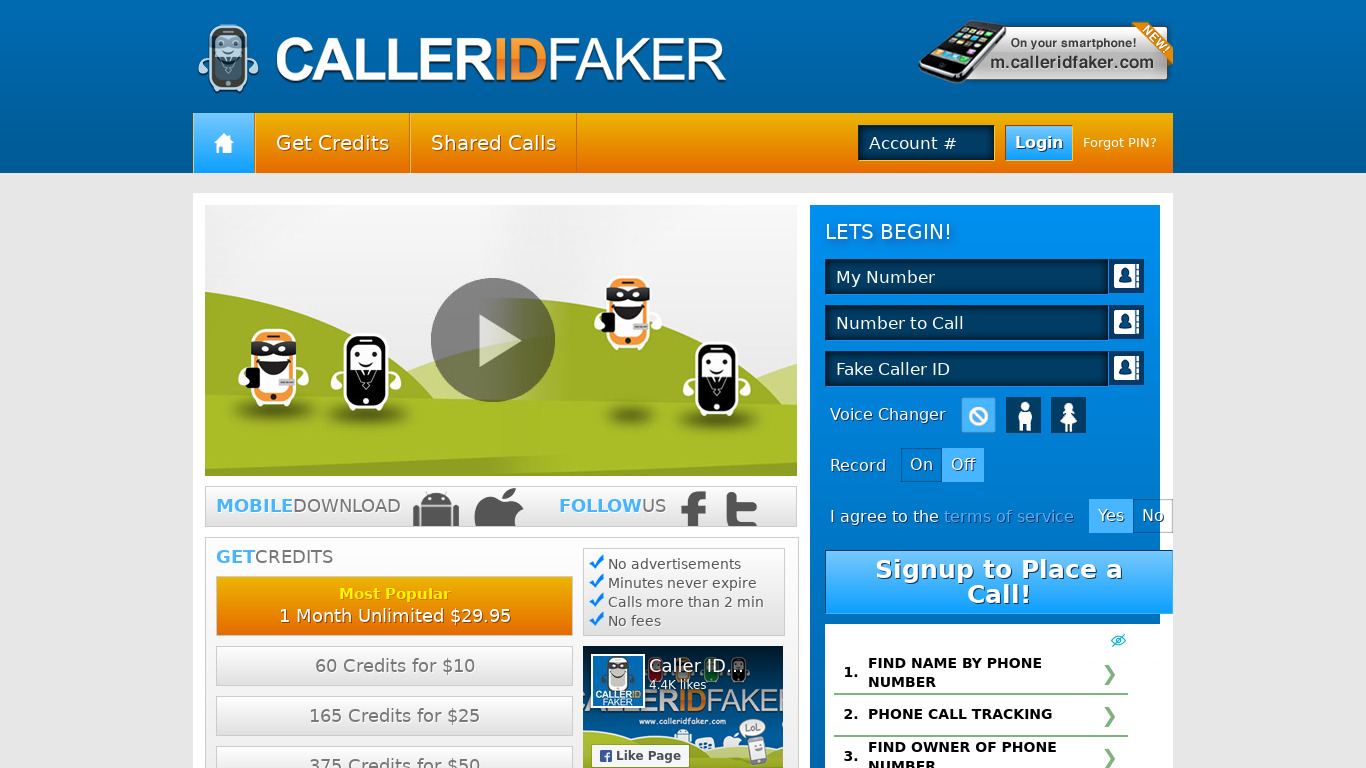 Fake Caller ID Landing page