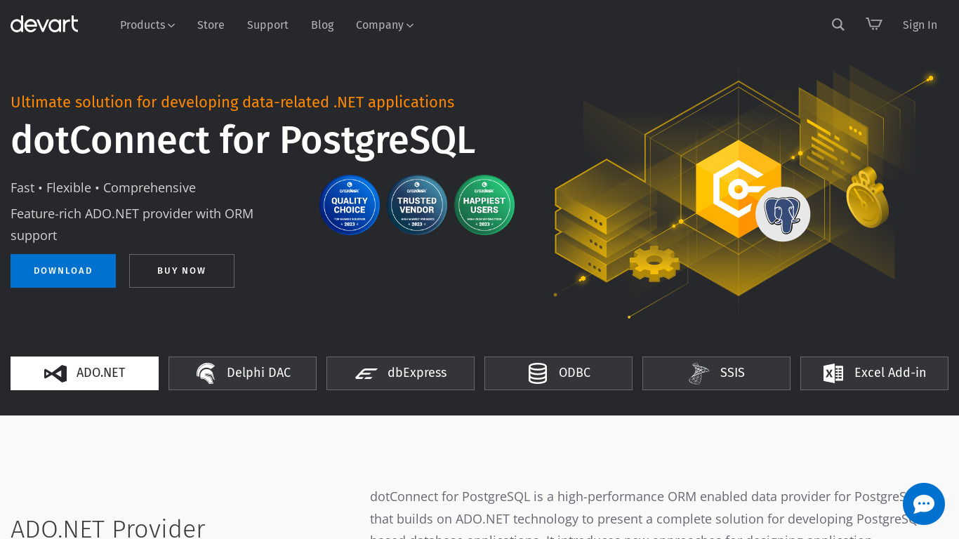dotConnect for PostgreSQL Landing page