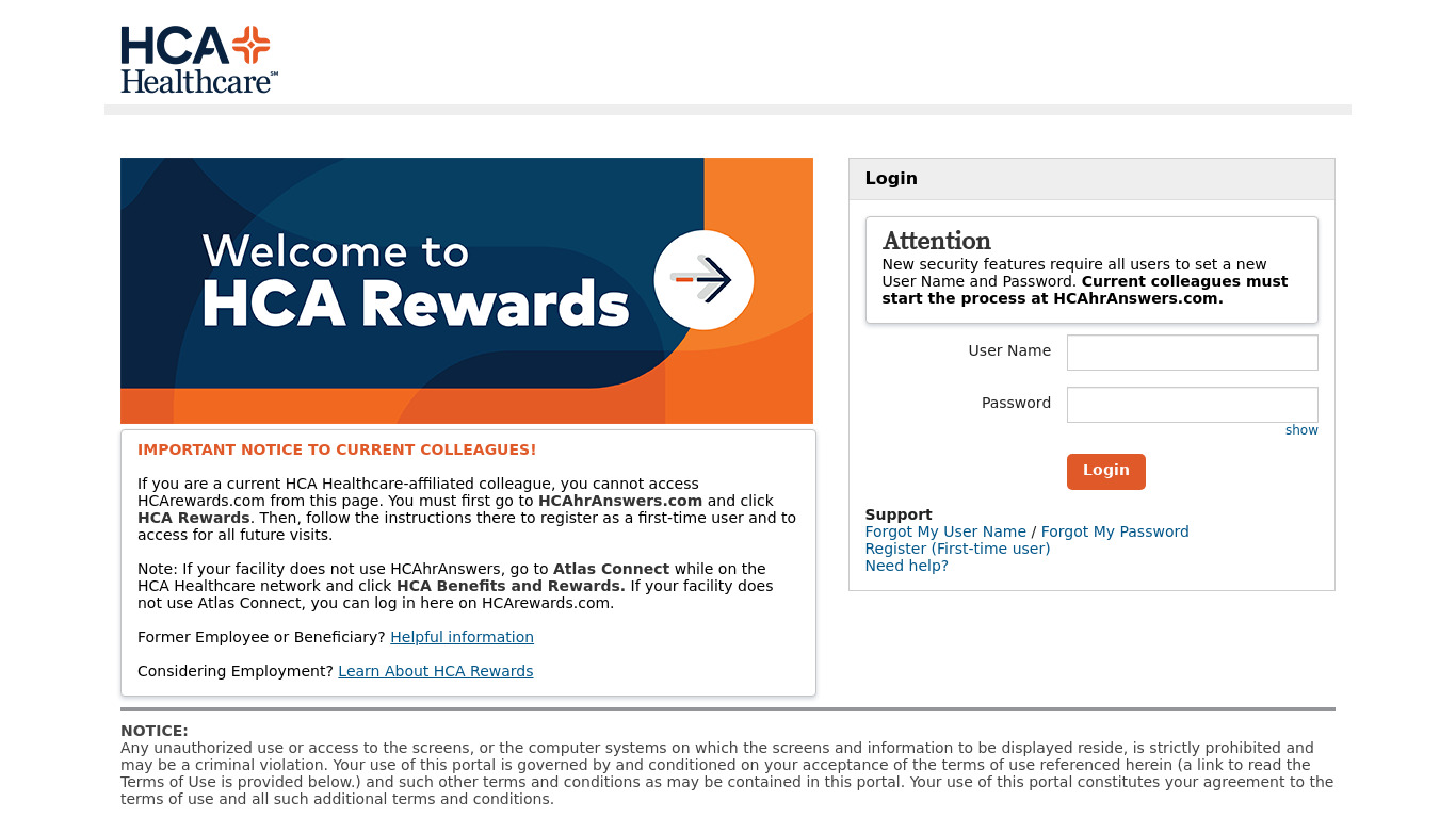HCA Rewards Landing page
