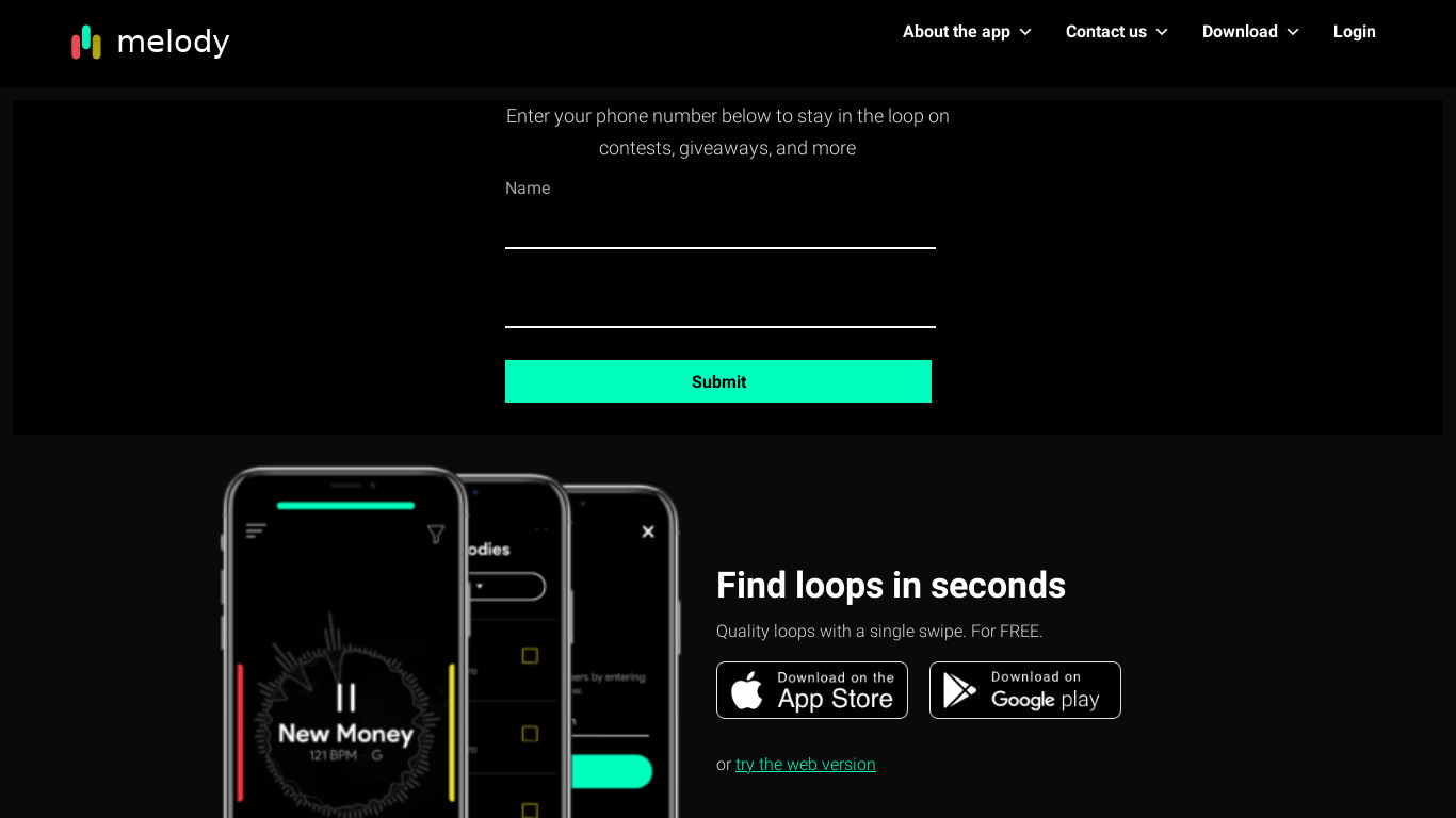 The Melody App Landing page