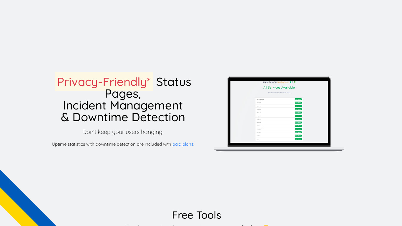 Hosted Status Page Landing page