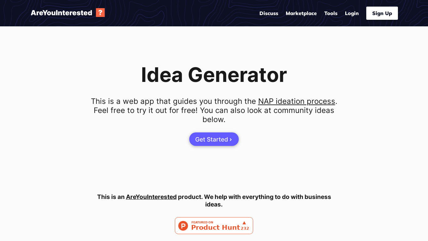 The Idea Generator Landing page