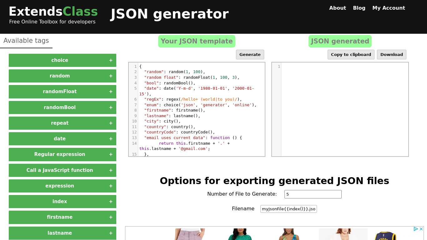 ExtendsClass JSON Generator Landing page