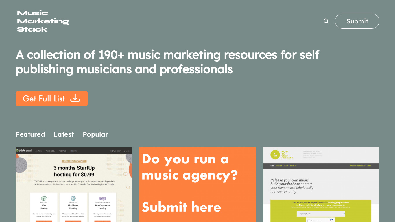 Music Marketing Stack Landing page