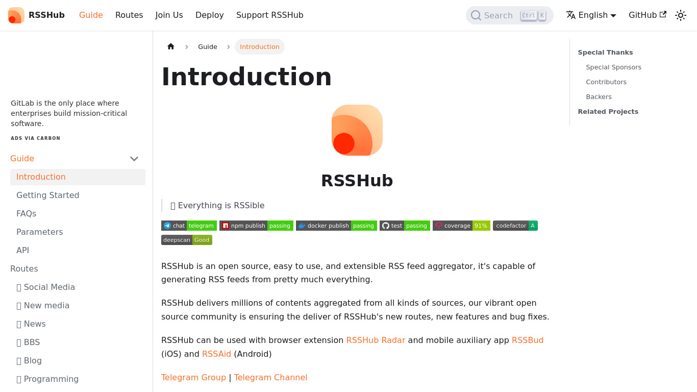 RSSHub Landing page