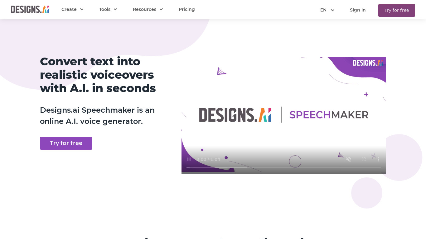 Speechmaker by Designs.ai Landing page