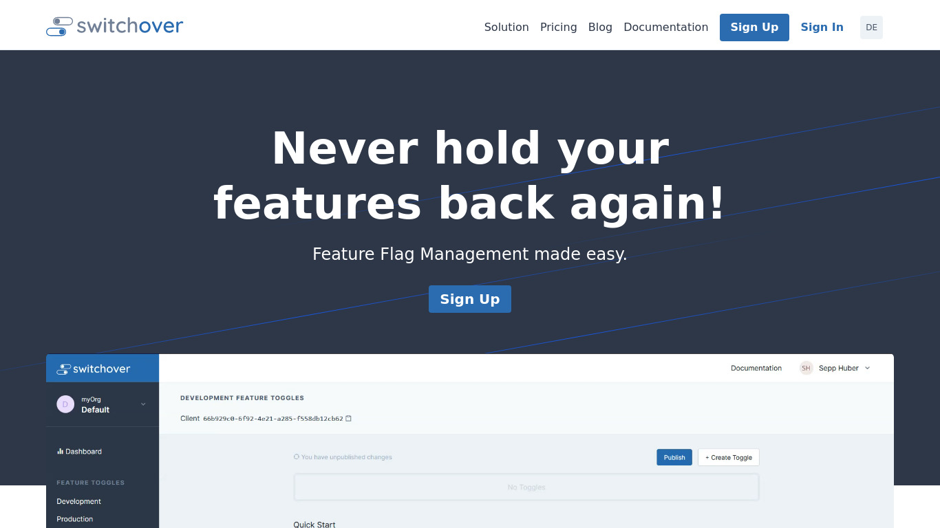 Switchover Feature Flag Management Landing page