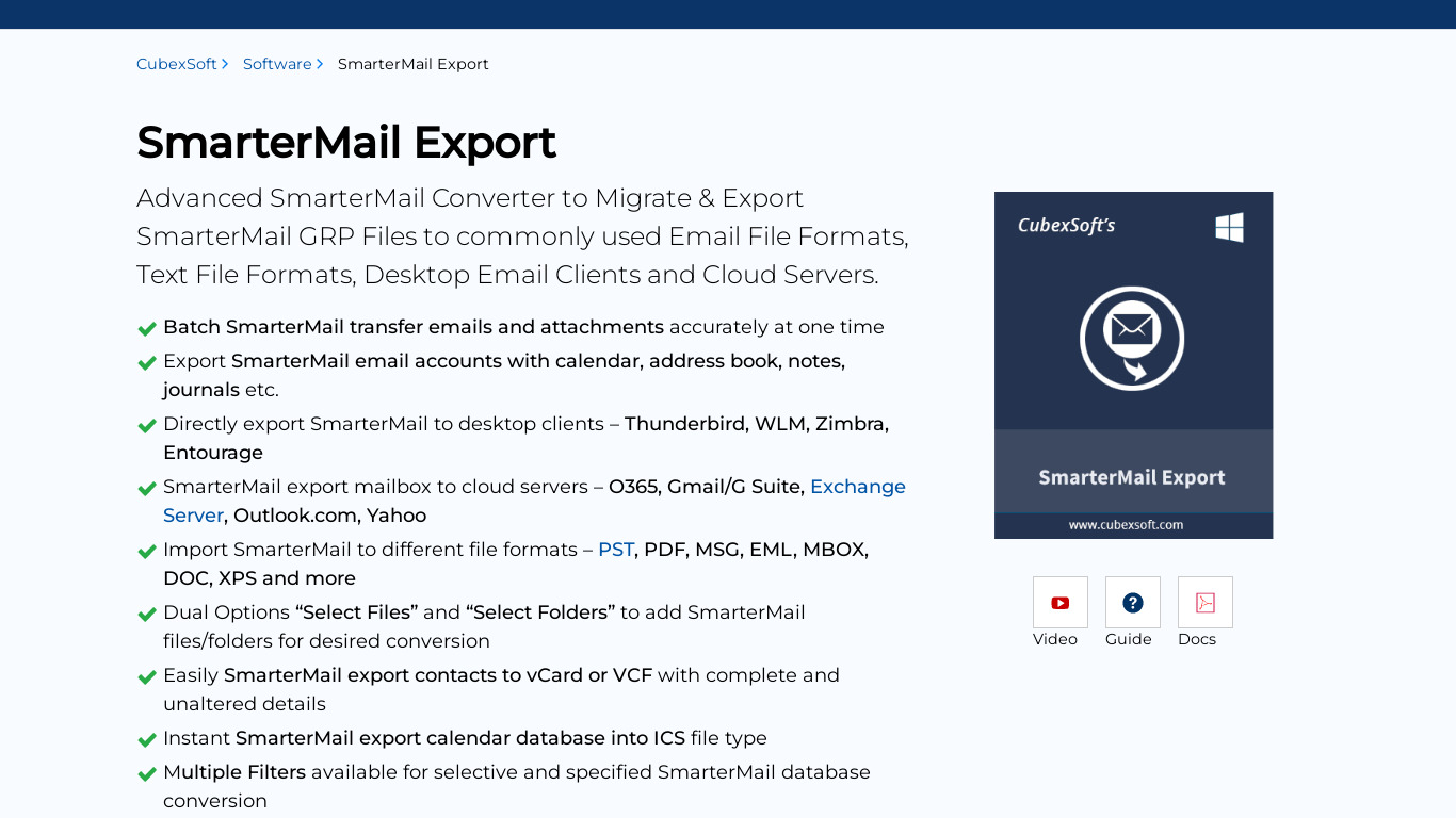 CubexSoft SmarterMail Export Landing page