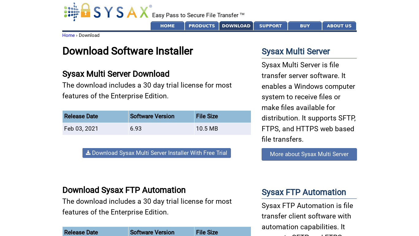 Sysax FTP Automation Landing page