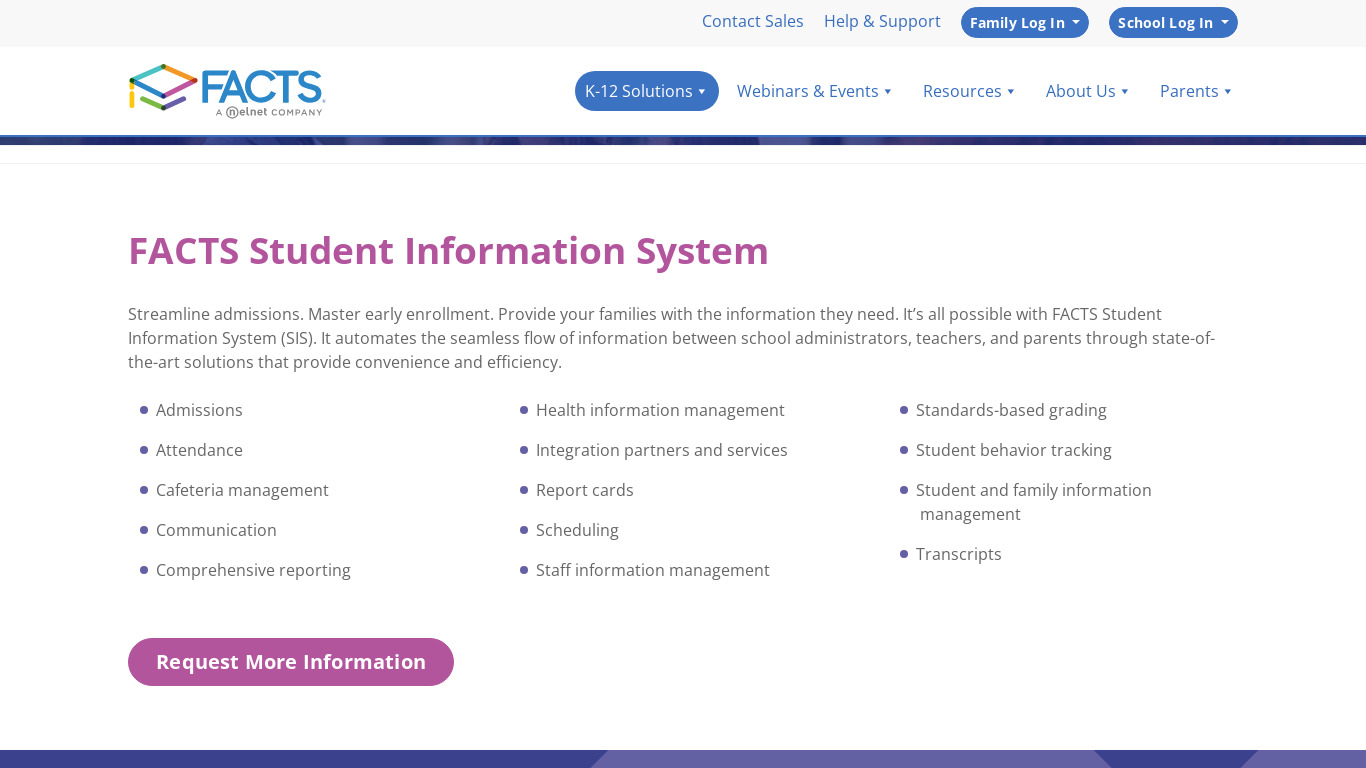 FACTS SIS (Student Information System) Landing page