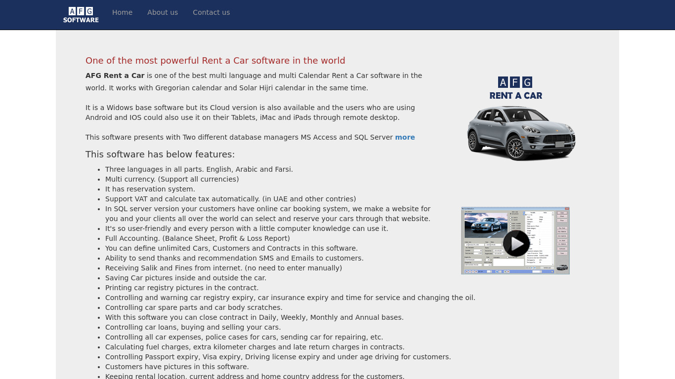 AFG Rent a Car Landing page