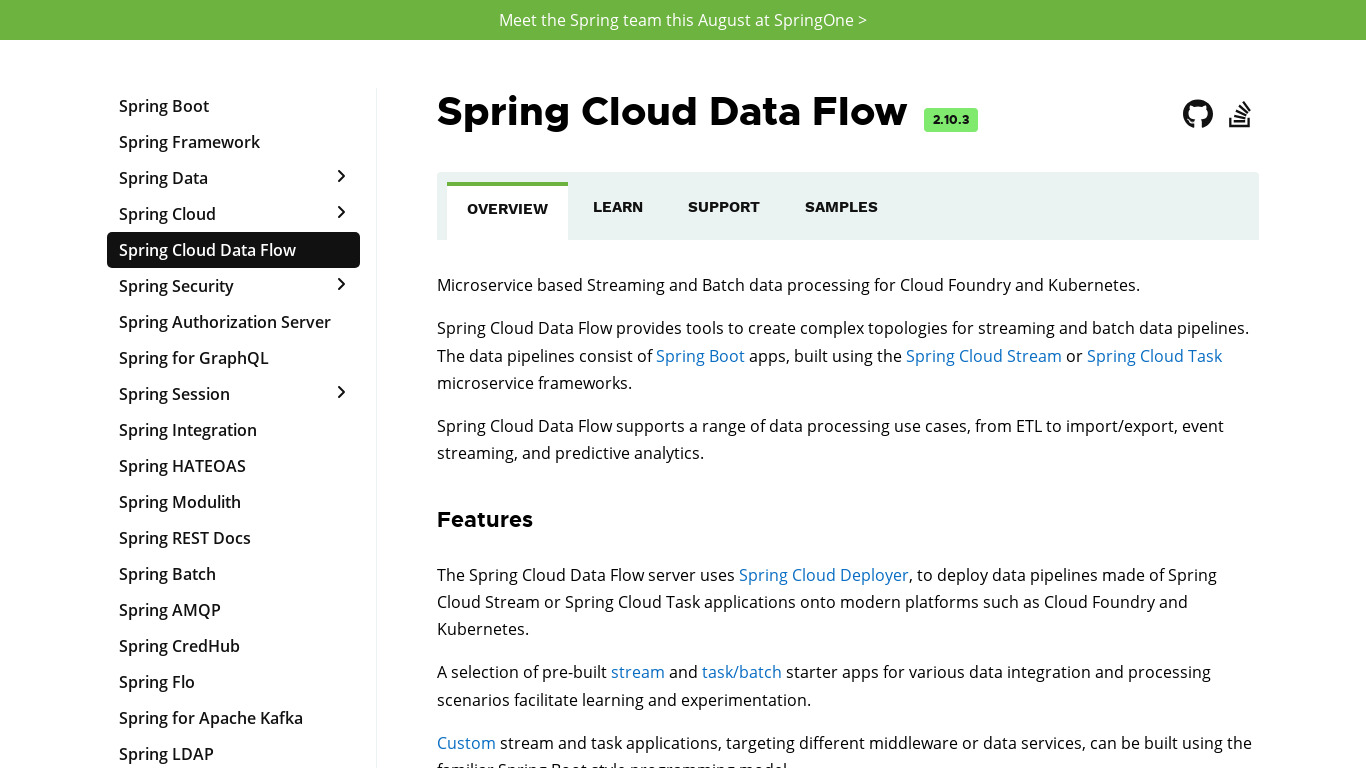 Spring Cloud Data Flow Landing page