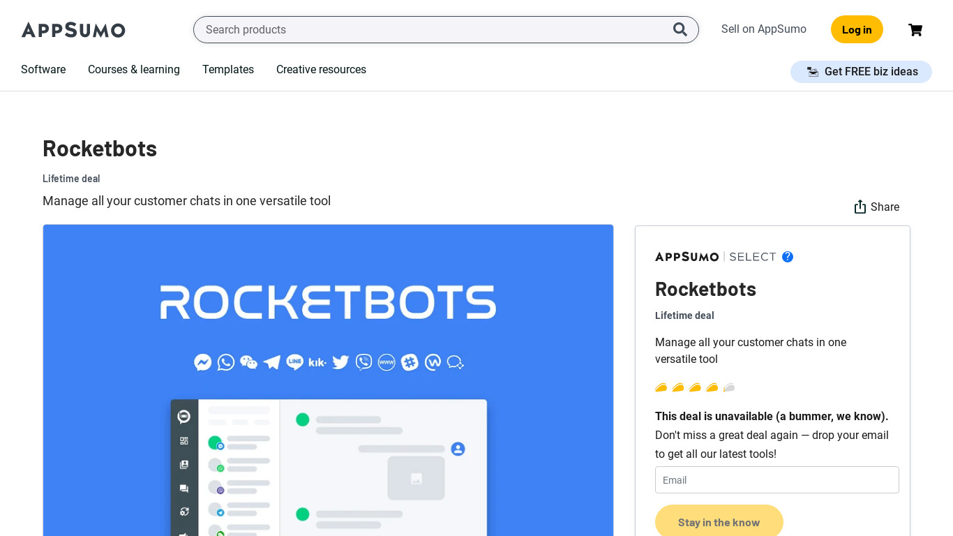 Appsumo Rocketbots Landing page