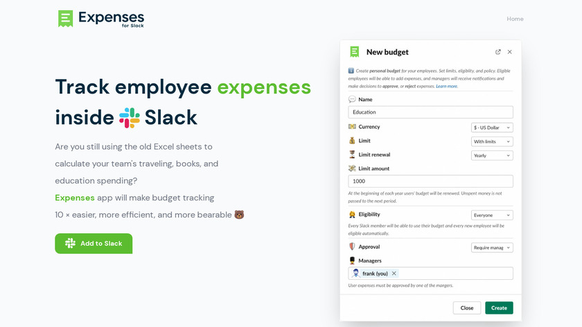 Expenses bot for Slack Landing Page