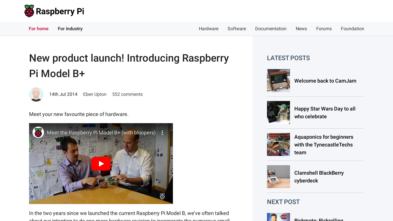 Raspberry Pi Model B+ Landing page