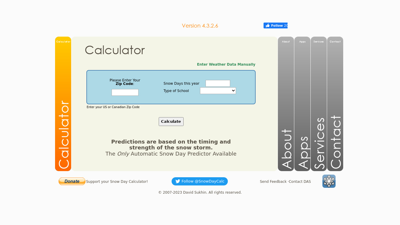Snow Day Calculator Landing page