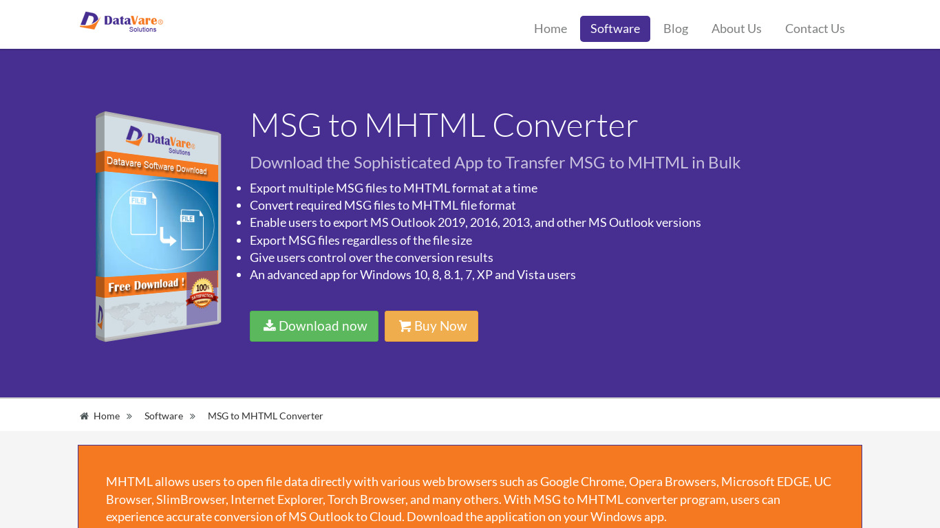Datavare MSG to MHTML Converter Landing page