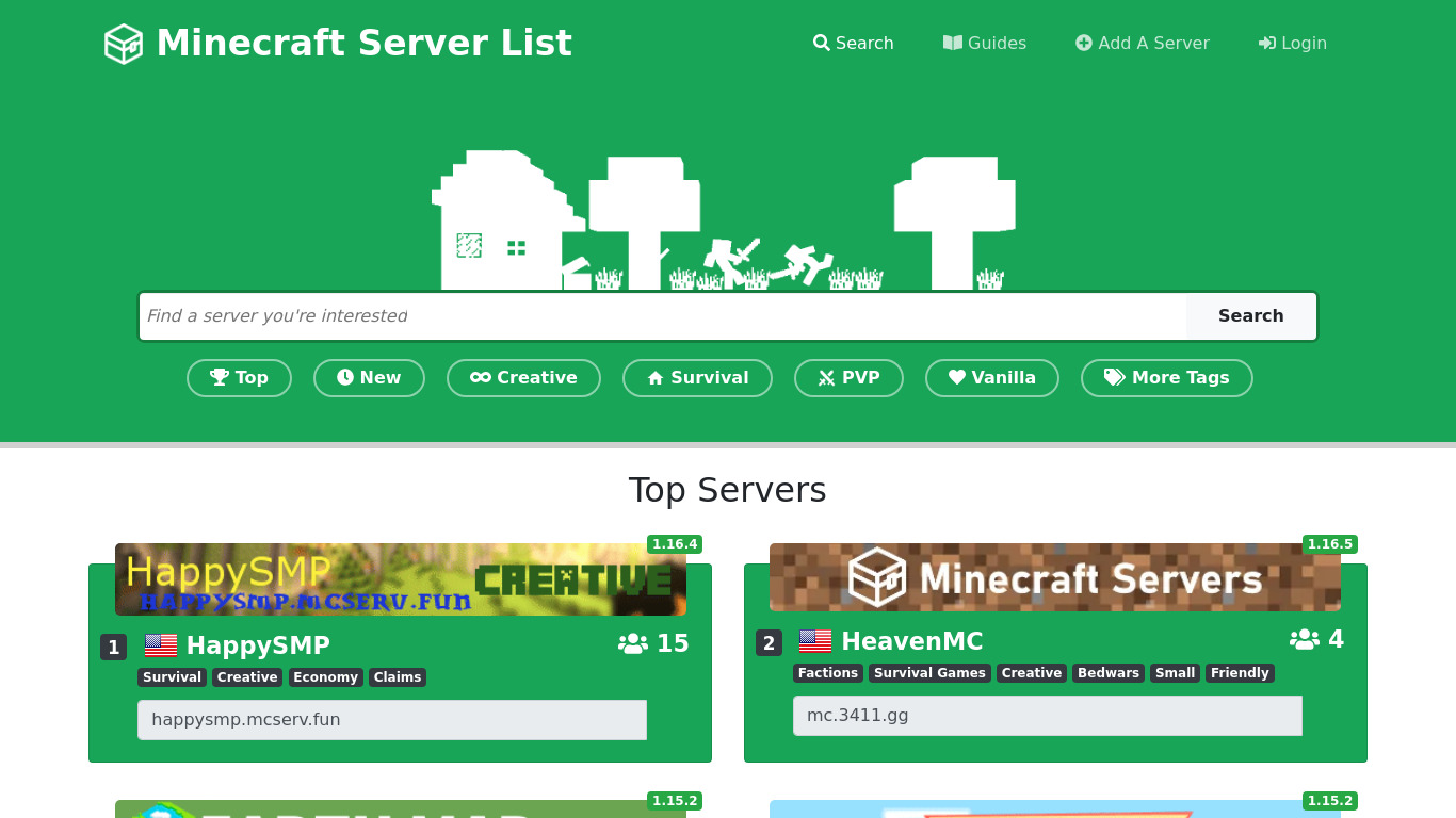 Minecraft Server Lists Landing page