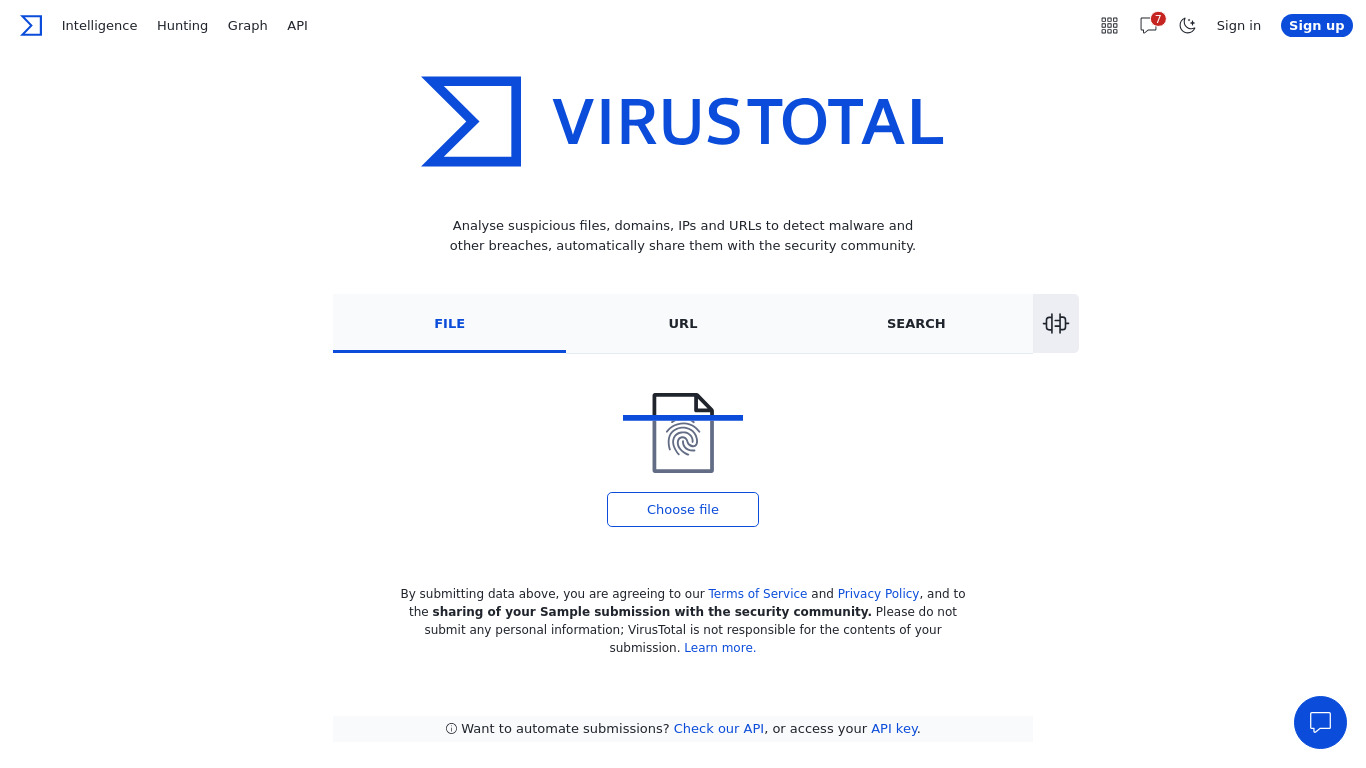 VirusTotal Landing page