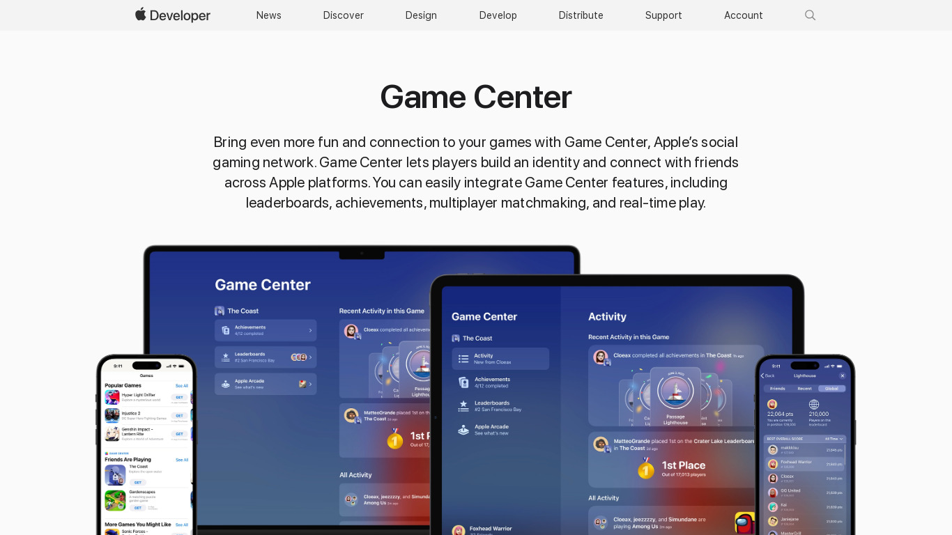 Game Center Landing page