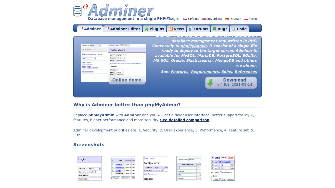 Adminer Landing page