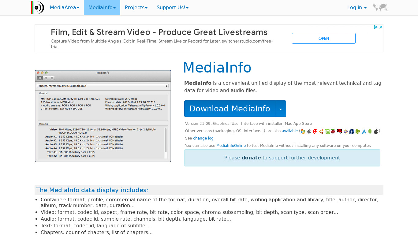MediaInfo Landing page