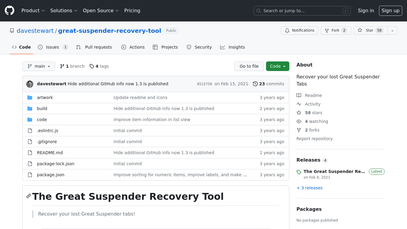 The Great Suspender Recovery Tool Landing page
