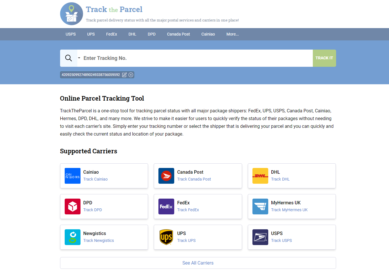 TrackTheParcel Landing page