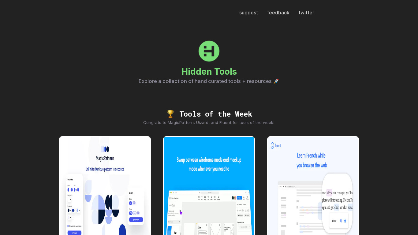 Hidden Tools Landing page