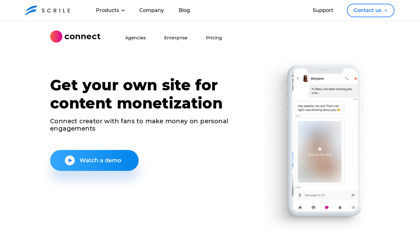 Scrile Connect Landing page
