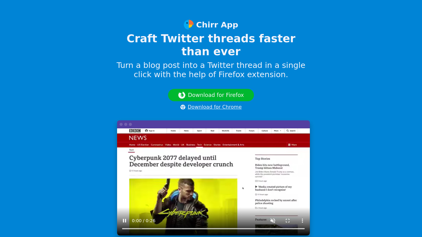 Chirr App browser extension Landing page