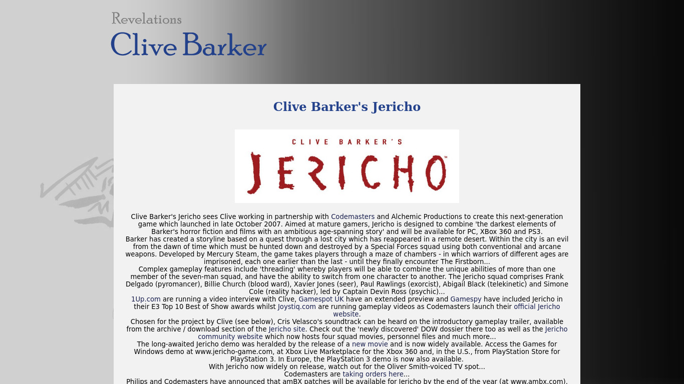 Clive Barker’s Jericho Landing page