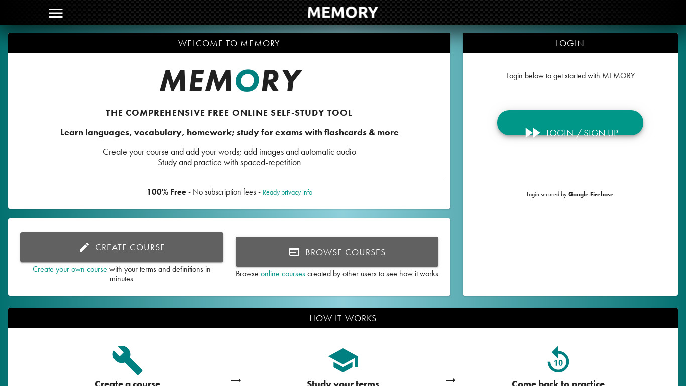 Memory.com Landing page