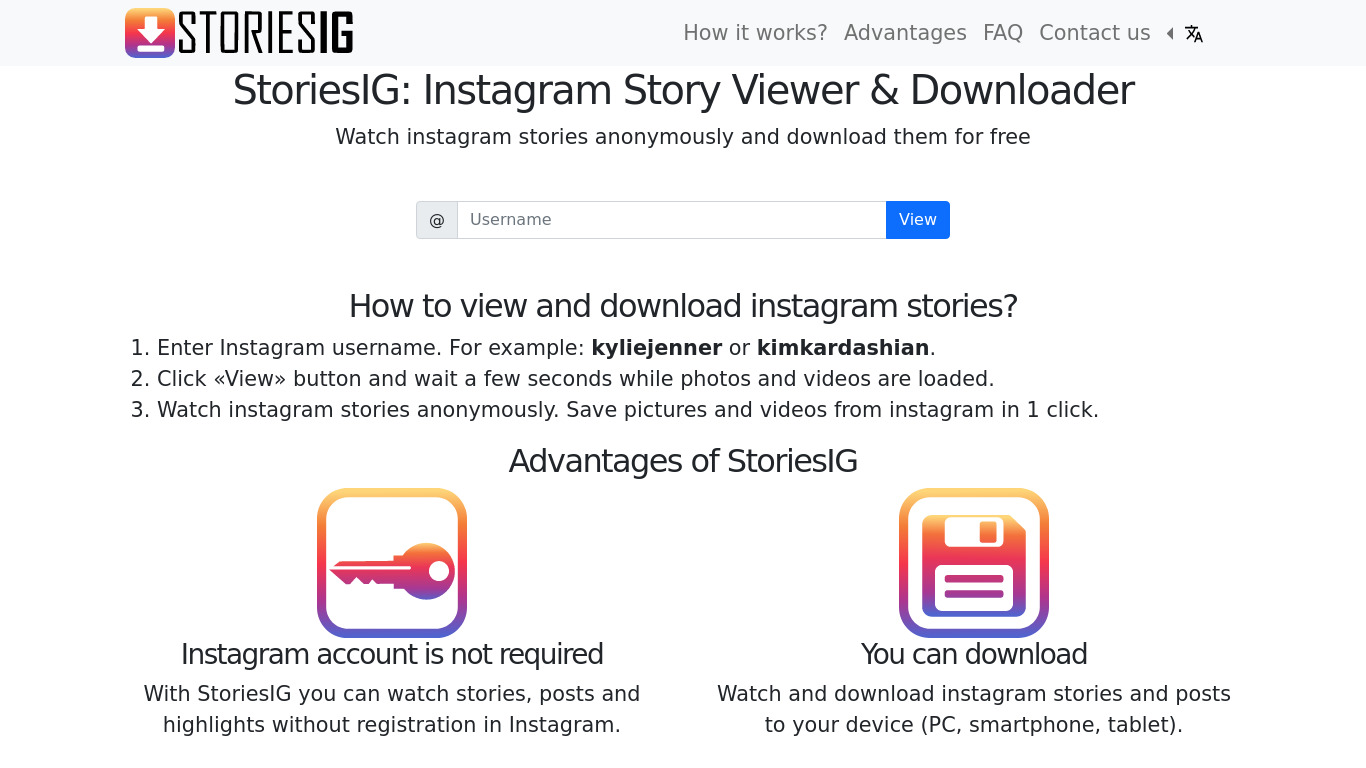 StoriesIG.app Landing page