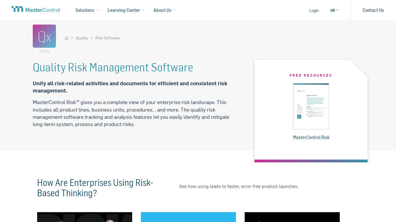 MasterControl Risk Analysis Landing page