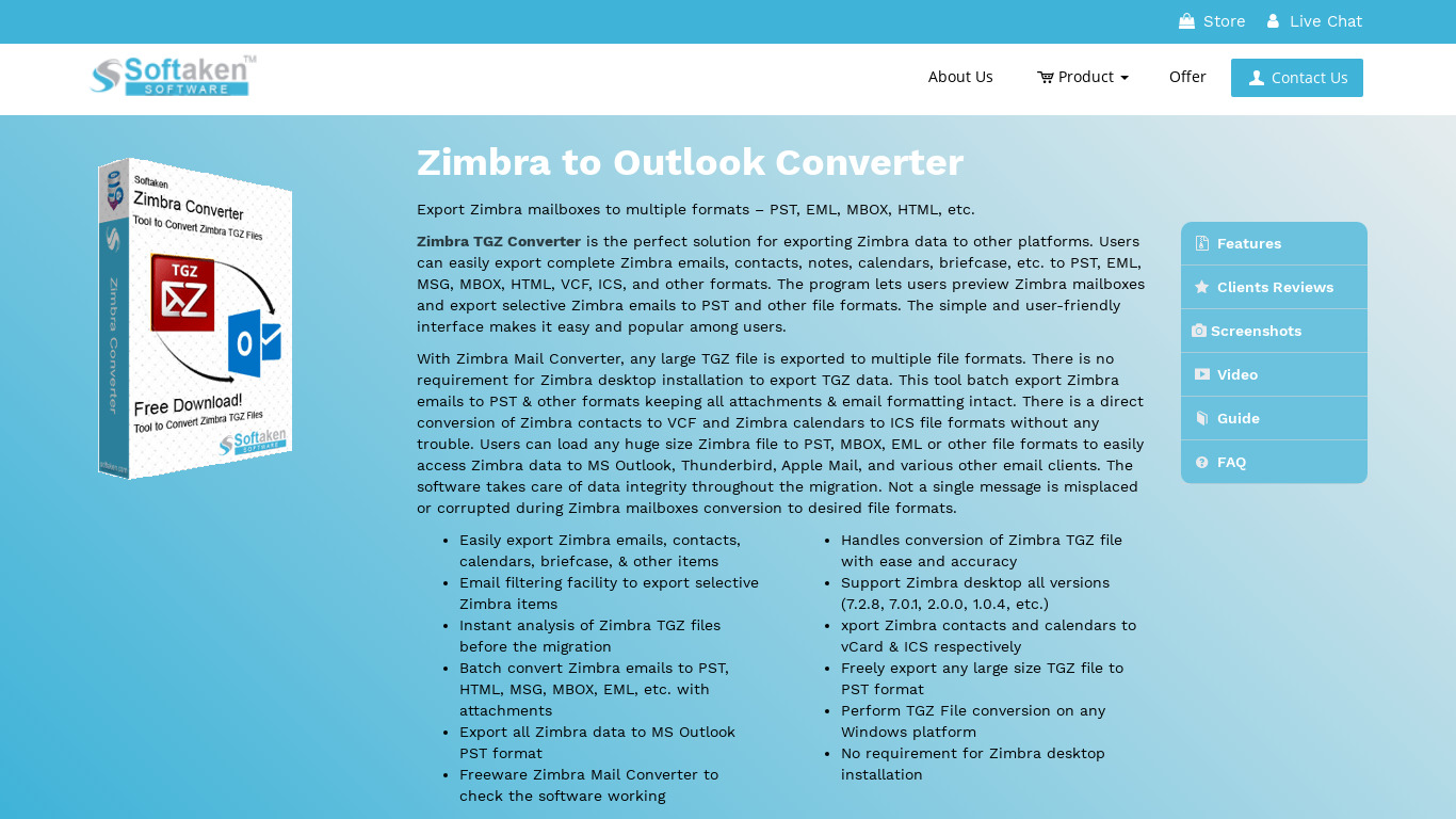 SoftakenSoftware Zimbra TGZ Converter Landing page