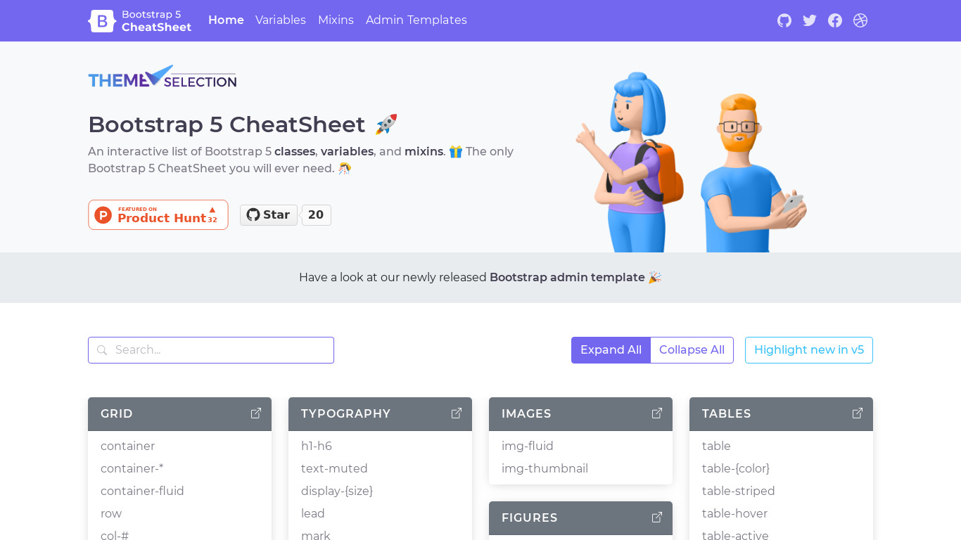 Bootstrap 5 CheatSheet Landing page