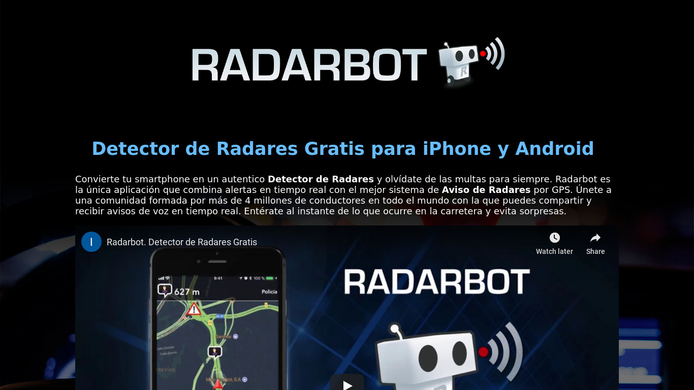 Radarbot Free Landing page