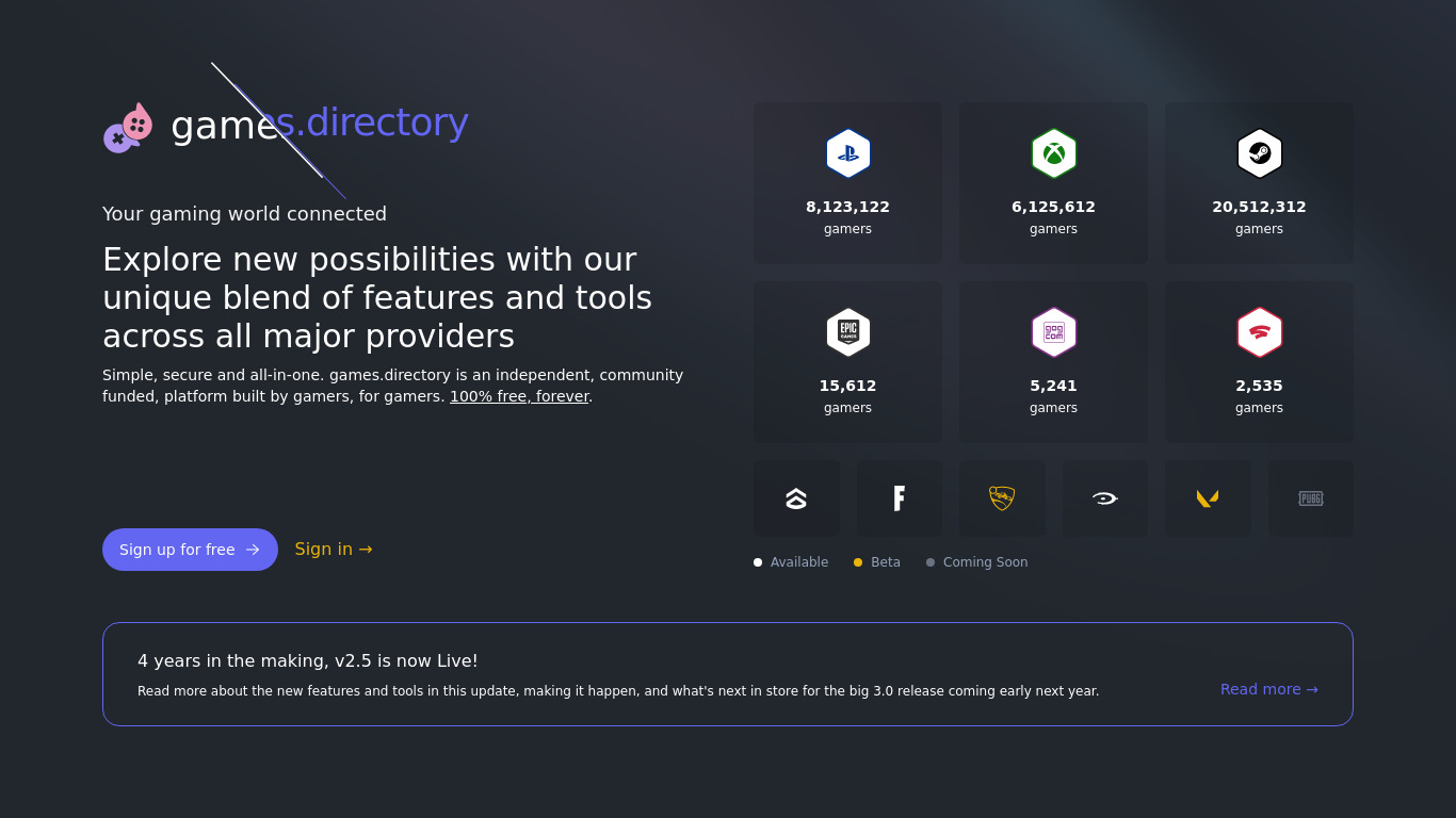 games.directory Landing page