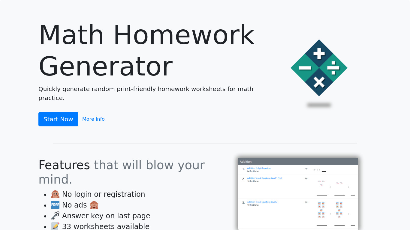 Math Homework Generator Landing page
