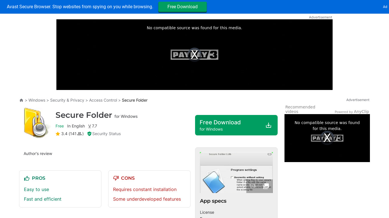 Secure Folder Landing page