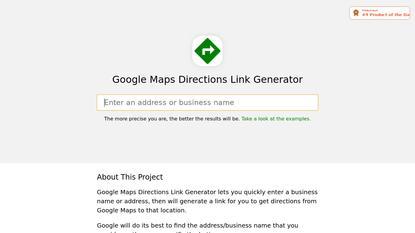 Google Maps Directions Link Generator Landing page