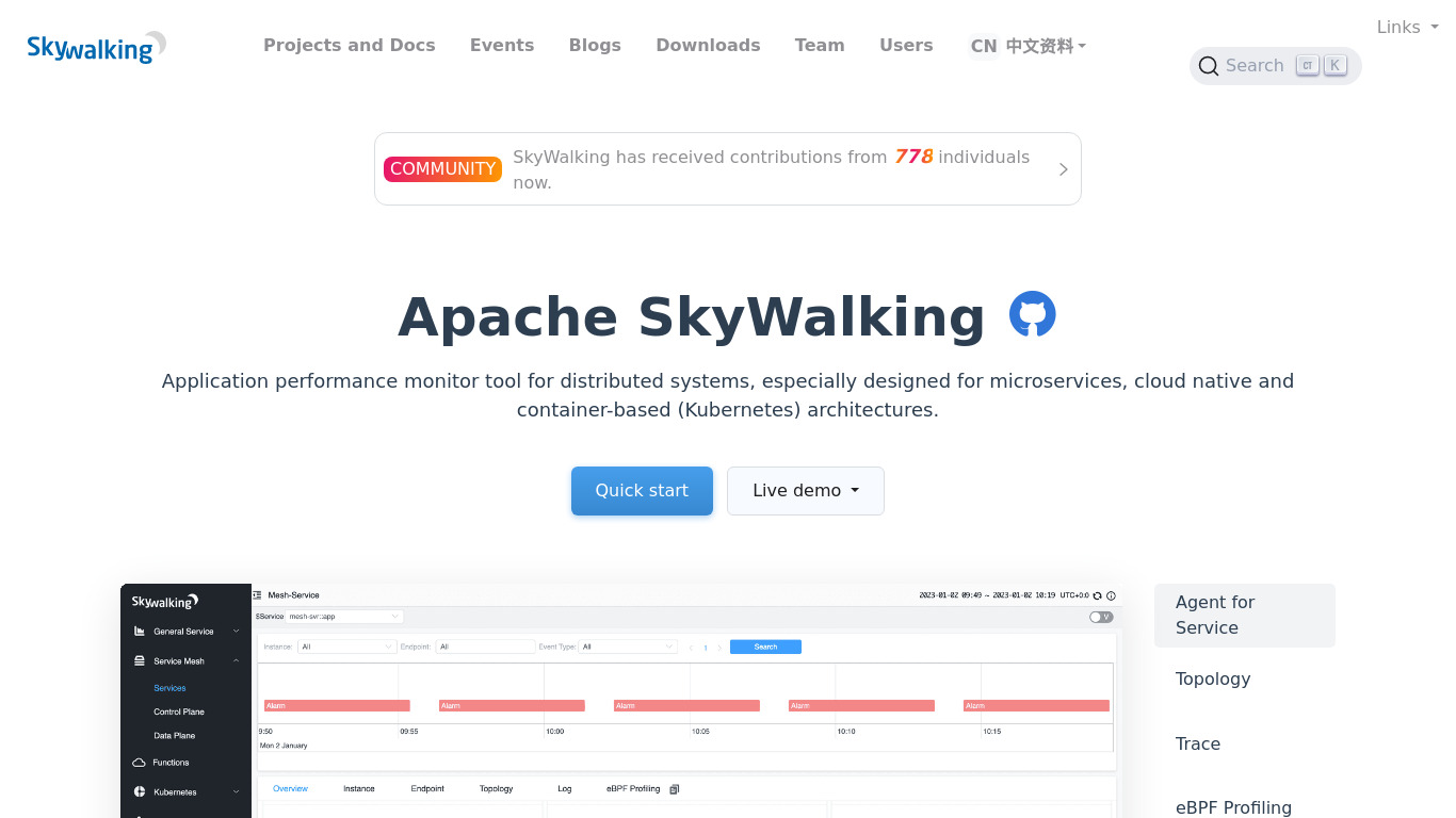 Apache SkyWalking Landing page